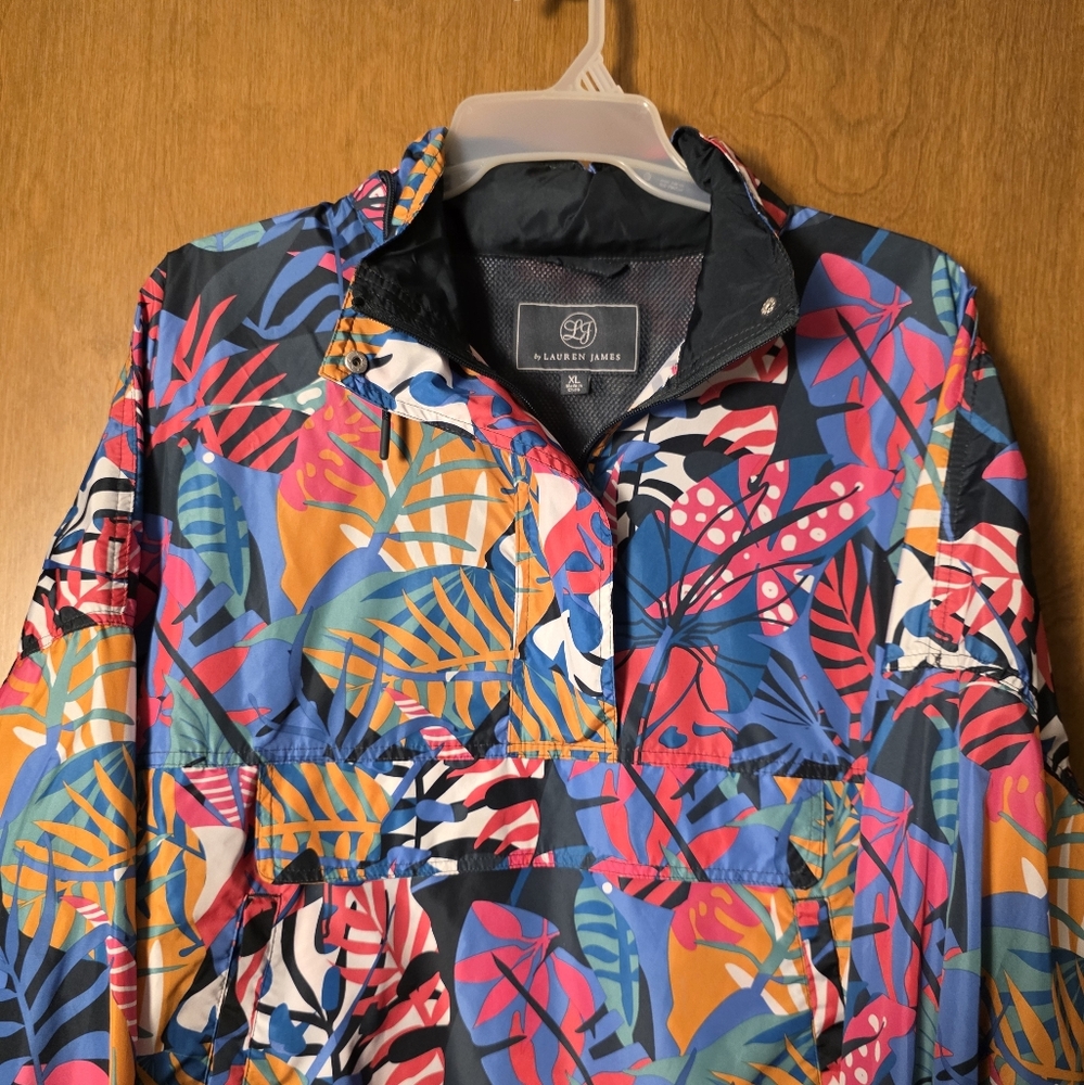 Lauren James Tropical Print Pullover Jacket w/Covered Zippered Pocket On Front - Picture 3 of 6